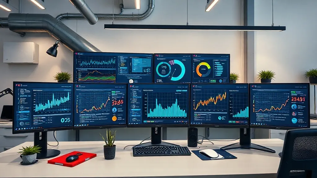 Professional workspace with high-end computer monitors showi