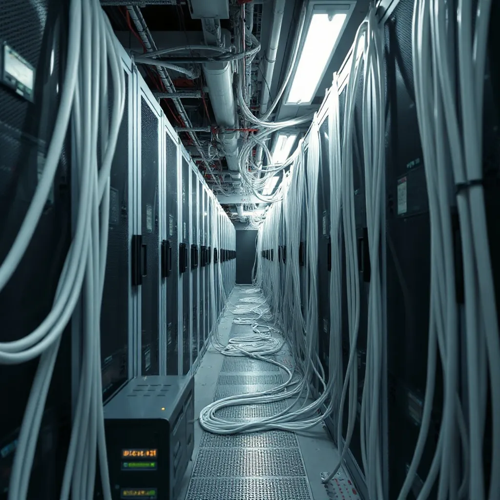 High-tech server room with clean white cables and industrial