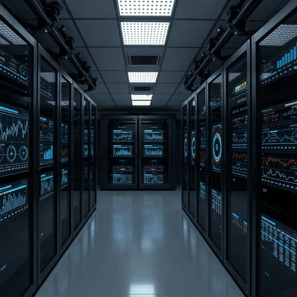 A high-tech server room with clean lines, minimalist data vi