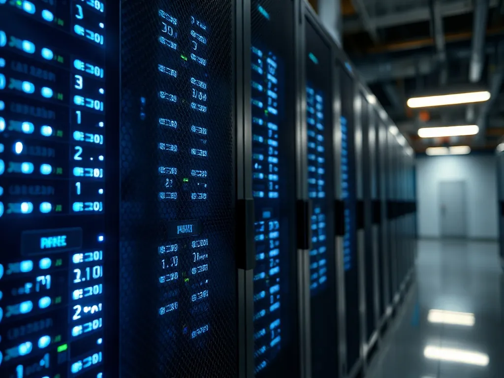 Close up of a high tech server room with blue and white ligh